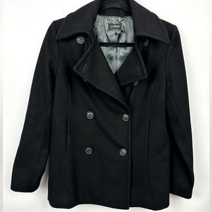 J Crew Womens Small Black Coat Pea Coat Wool Double Breasted Side Pockets DA